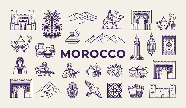 Morocco travel landmarks and desert icons, Moroccan cultural heritage vector illustrations, Morocco traditional food and lamp graphics, Africa tourism vacation design elements, Morocco country line ar