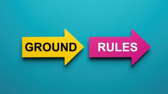 Colorful arrows display the words Ground Rules on a blue background representing agreement