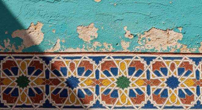 Close-up of a textured wall with peeling paint and decorative tile border.