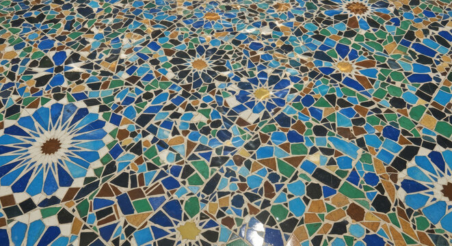 Colorful mosaic floor with geometric and floral patterns.