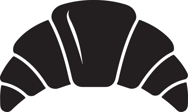 A stylized black and white illustration of a crescent-shaped croissant with a flaky texture silhouette vector icon