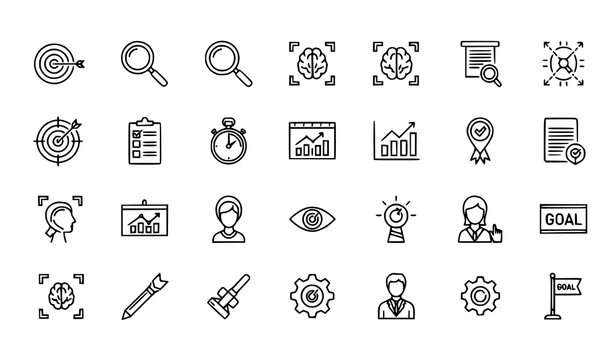 A set of business and goal-oriented vector icons in a minimal flat design style
