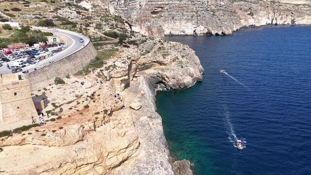 Drone view at the coast of Blue Grotto on Malta island