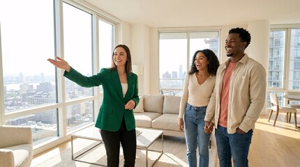 Obraz premium Smiling female real estate agent in a tailored emerald green blazer showing a spacious modern living room to a happy young smiling couple.