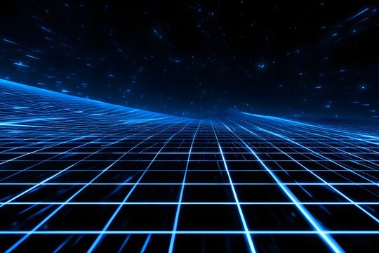 Digital grid in cyberspace extending into infinity a glowing blue neon wireframe on a dark background with stars resembling distant galaxies suggesting virtual reality or data transmission.