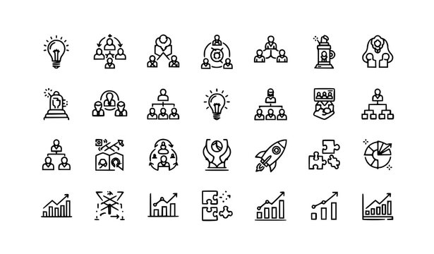 A set of line art business icons for marketing and finance concepts