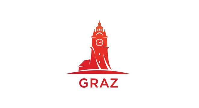 Graz Clock Tower Silhouette - Iconic Landmark of Austria, Red Design.