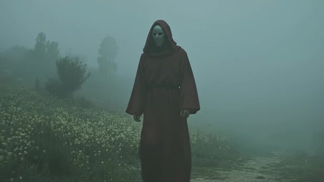 Hooded monk walking through misty field. Mysterious cloaked figure approaching in foggy landscape. Eerie solitude and atmospheric tension for fantasy horror concepts.
