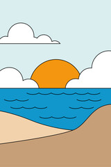 Logo agencia de viajes. Vacaciones de verano. Dibujo minimalista con líneas y relleno de colores, de un paisaje con una playa con mar, sol y nubes en el cielo © teracreonte