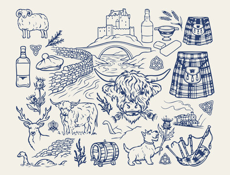 Scotland travel landmarks and culture, scottish highland cow vector illustrations, traditional kilt and bagpipe line art, UK tourism vacation design elements, Edinburgh castle and nature graphics, sco