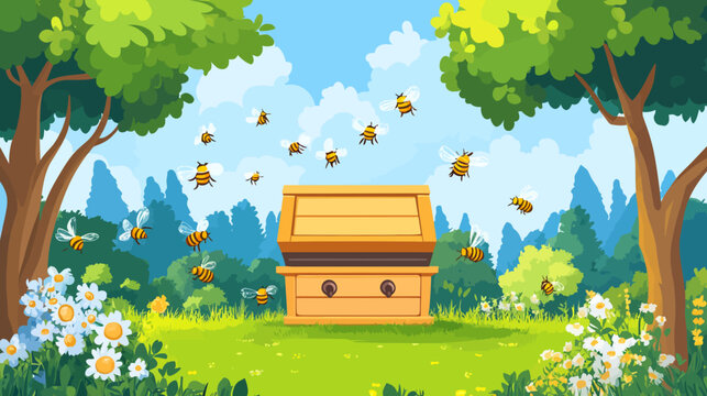 A cartoon scene featuring a wooden beehive with bees flying around a green field with trees and flowers
