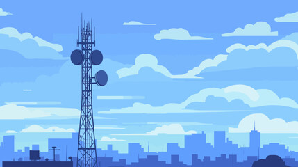 Obraz premium Pixelated illustration of a communication tower with cityscape under a cloudy blue sky