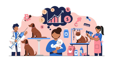 Fototapeta premium A vibrant vector illustration showcasing the booming pet care industry, featuring vet visits, grooming services, and financial growth, all rendered in a clean, scalable, and