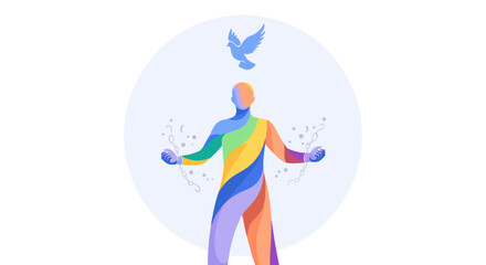 Fototapeta premium Symbolic depiction of liberation, a vibrant human figure shedding chains with a dove soaring above, rendered in a modern, scalable vector illustration with a colorful gradient