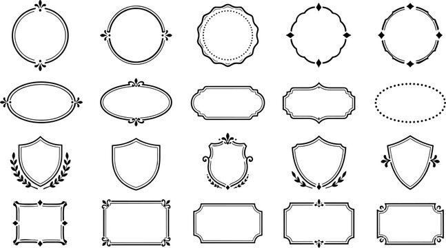 Set of Vintage Decorative Frames and Elegant Badge Outlines, Minimalist Border Elements for Wedding Invitations, Shield Symbols and Retro Label Templates for Logo Branding
