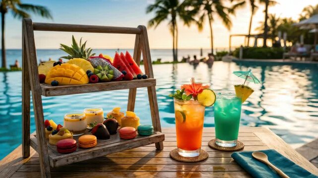 colorful summer drinks and fresh snacks arranged by a luxury poolside setting with palm trees and water reflecting a vacation atmosphere
