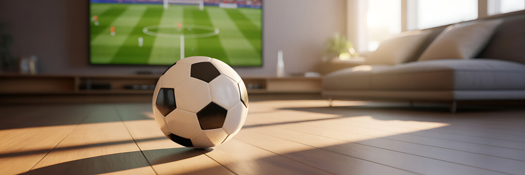 A soccer ball on a wooden floor in a living room with a tv showing a soccer game in the background with a couch