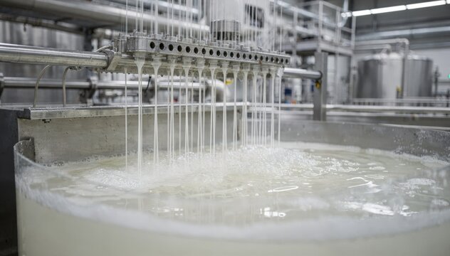 Medium shot of acrylic fiber wet spinning line showing polymer solution extruding into coagulation bath forming continuous filaments in a controlled industrial environment.
