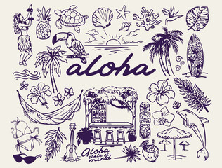 Aloha Hawaii travel and tropical icons, Hawaiian culture and nature vector illustrations, surf and beach vacation design elements, tropical island and hula line art, minimalist Hawaii tourism and life © Geetaroy