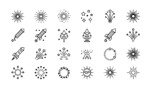 Minimal line firework icons set with sparkle explosion and celebration symbols outline vector collection