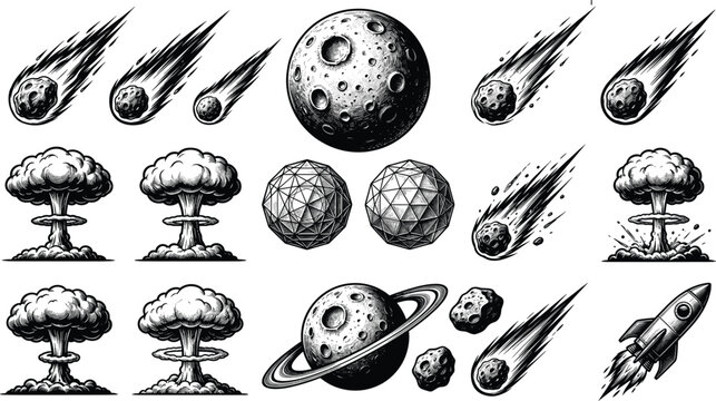 Space Objects and Explosion Vector Set with Asteroids Comets Planets Rockets and Nuclear Blast Clouds in Detailed Black Illustration Style