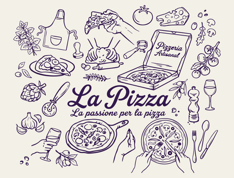 La Pizza Italian cuisine and restaurant icons, traditional pizza making vector illustrations, Italian food menu and kitchen design elements, pizza slice and ingredients line art, minimalist healthy co