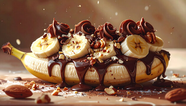 Banana split with chocolate curls and nuts topping