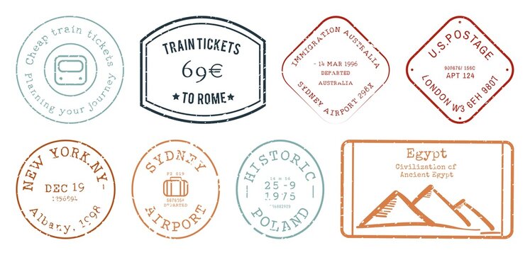Vintage travel stamp collection elements isolated on white
