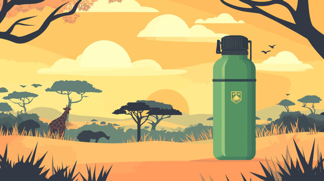 Pixelated illustration of a safari landscape with a water bottle and wildlife silhouette