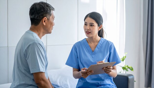 A healthcare worker in blue scrubs consults with an older man in a light room