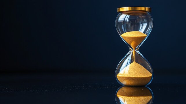 Sophisticated hourglass with flowing golden sand, a symbolic representation of time's relentless march, showcased with a dark, reflective base and a golden accent.