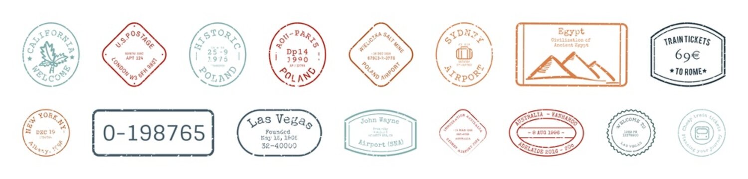Vintage travel stamp collection elements isolated on white