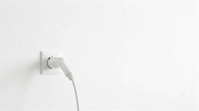Sleek electric vehicle charging plug connected to a minimalist white wall outlet, highlighting sustainable energy and the future of green transportation technology, offering generous copy space