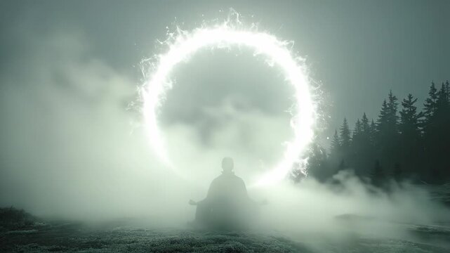 Man sits before glowing ethereal ring in misty forest then meditates within it. Spiritual portal journey and zen enlightenment in foggy woods.