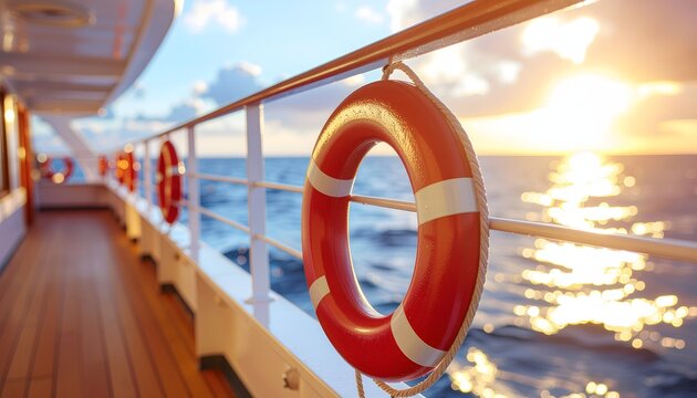 Lifebuoy on cruise ship deck during golden hour sunset over the ocean