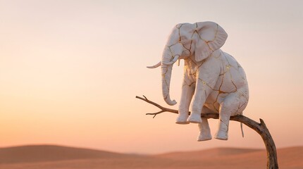 Fototapeta premium Porcelain kintsugi elephant on a thin branch in a desert at dawn, surreal concept for fragility, resilience, and beauty in imperfection for luxury branding.