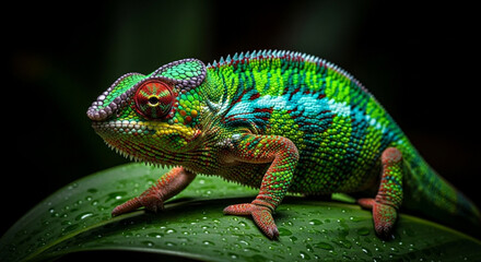 Fototapeta premium Chameleon Changing Color on Leaf with Dramatic Lighting