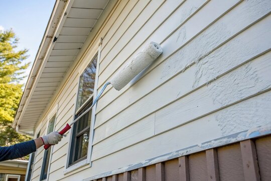 Hand holds a paint roller, applying fresh white paint