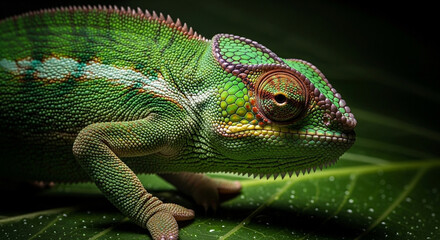 Fototapeta premium Chameleon Changing Color on Leaf with Dramatic Lighting