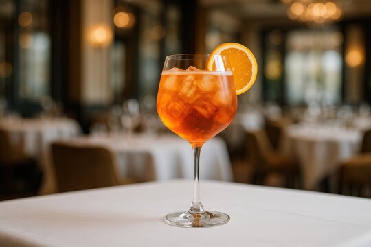 Aperol Spritz (Cynar) served in a glass with ice and an orange slice. Bright orange color, perfect for summer dining or social gatherings.