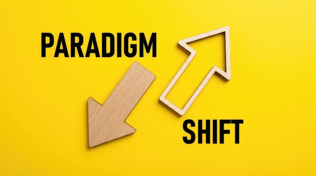 Wooden arrows illustrate the concept of a paradigm shift on a yellow background