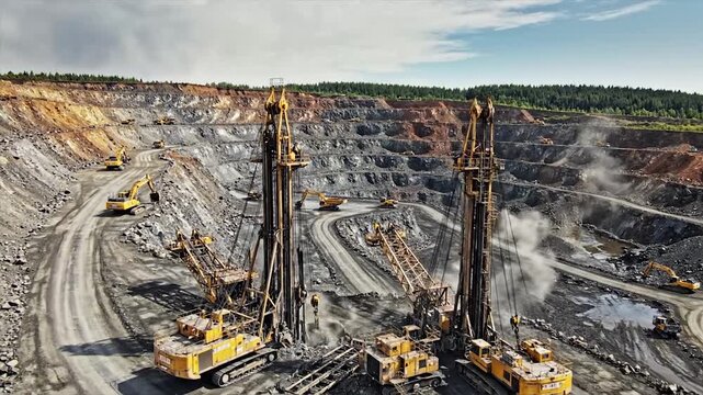 Aerial view of active open-pit mining site with drilling rigs and heavy machinery