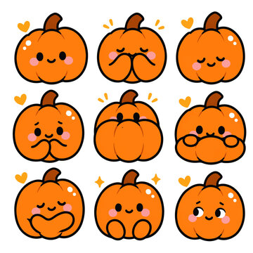 cute bashful pumpkin doodle character set