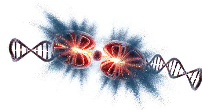 Abstract representation of DNA helixes colliding with atomic particle bursts, depicting genetic mutation or science discovery, vibrant energy release