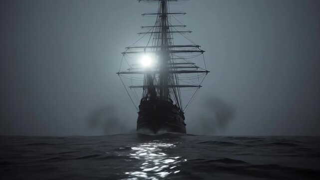 Mysterious tall ship sailing through dense fog on dark sea at night. Spotlight beam illuminates hull as vessel approaches from mist. Nautical adventure sequence in eerie maritime atmosphere.
