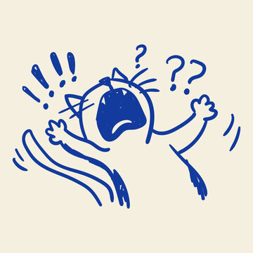 Panicking Cat Screaming Doodle Illustration Shocked Kitty Confused Reaction Cute Pet Sketch Design