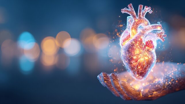 Futuristic Glowing Human Heart Above Hand with Fiery Colors and Bokeh Light.
