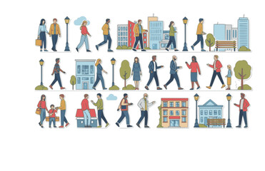 Obraz premium Cityscape Urban Landscape Sticker Set. Flat Vector Figures Walking, Standing, and Talking for Diverse Community.