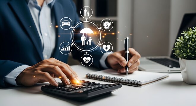 Businesswoman using calculator and notebook for financial planning, budgeting, and expense analysis with digital insurance and finance icons
