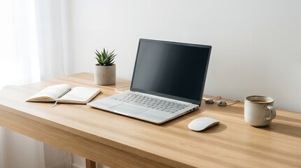 Fototapeta premium Modern Minimalist Workspace with Laptop and Coffee on Wooden Desk